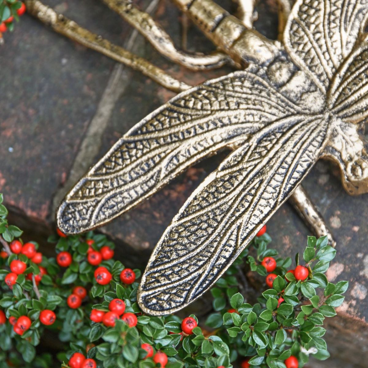 Close-Up of Brushed Gold Finish on Dragonfly Garden Sculpture