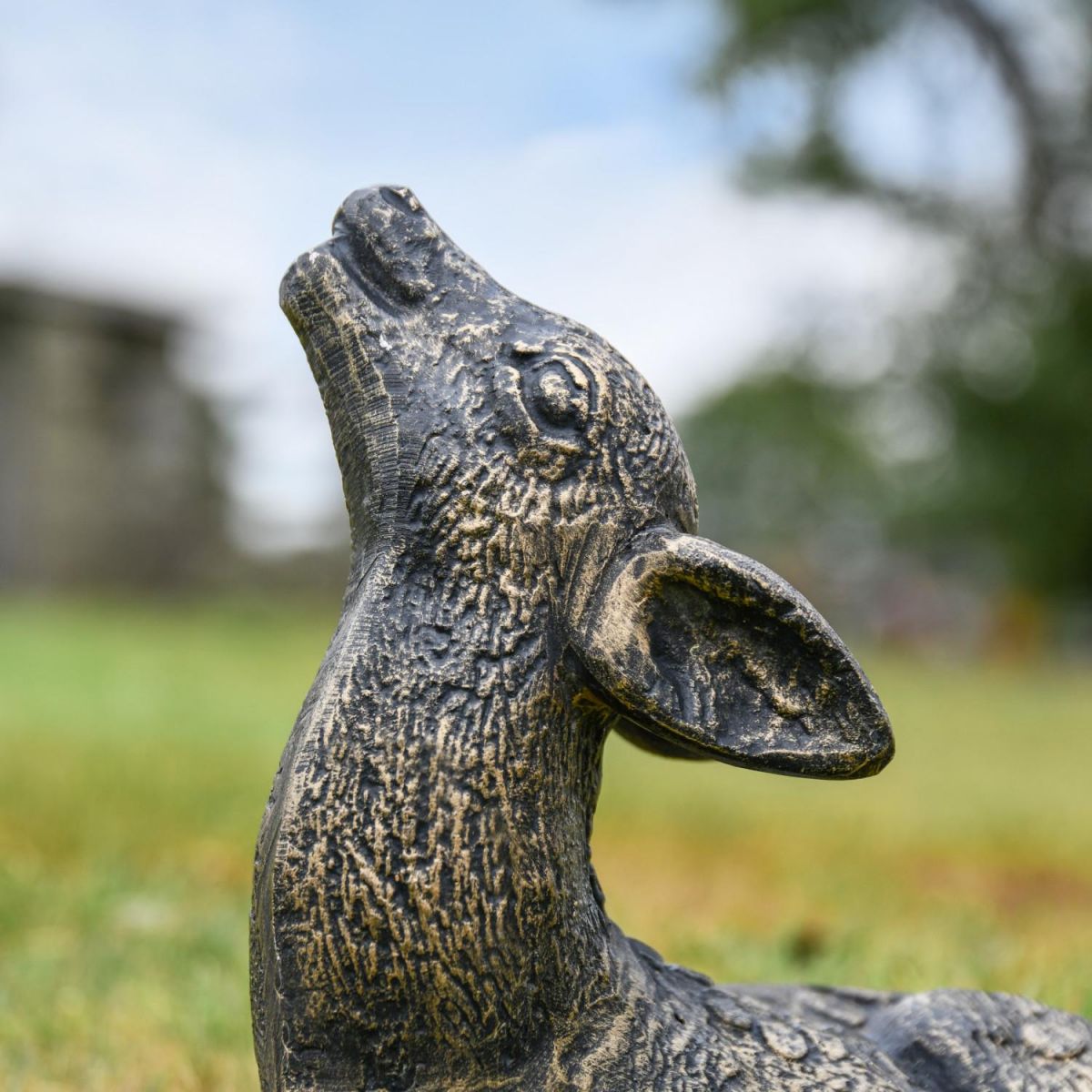 Close-Up of Brushed Gold Recycled Cast Aluminium Baby Deer Sculpture - Lying Down