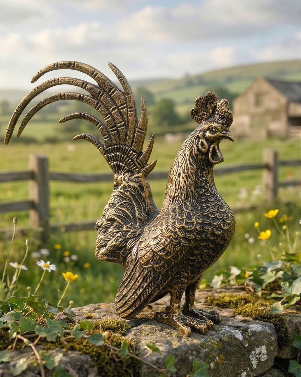 Brushed Gold Rooster Garden Sculpture digital illustration