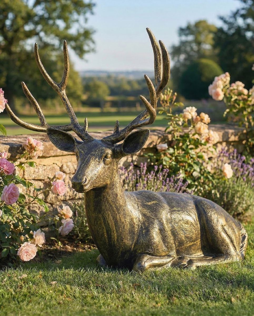 Brushed Gold "Tranquil Glen" Lying Stag Sculpture