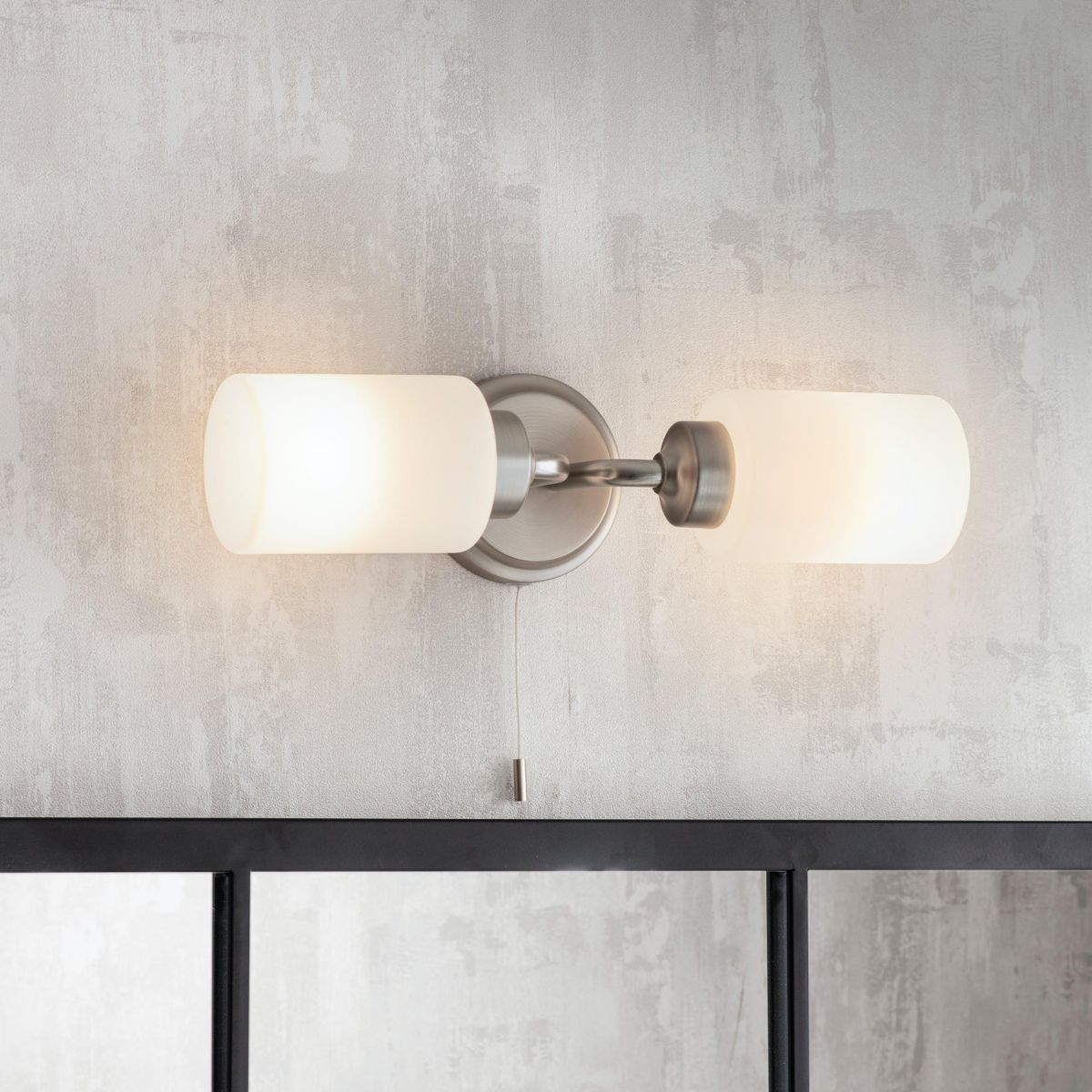 Brushed Nickel Bathroom Double Wall Light in Situ in the Home