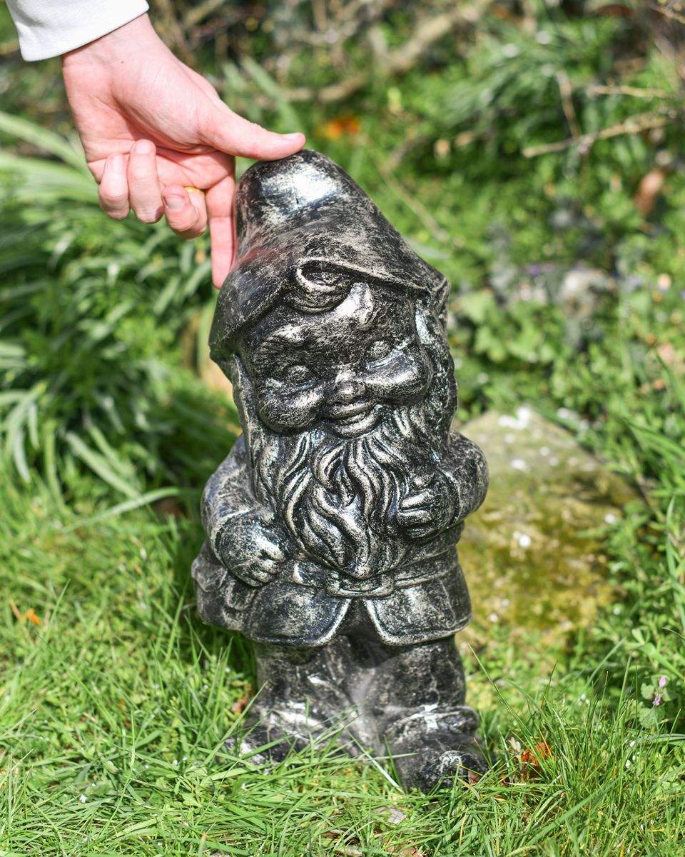 Brushed Silver Garden Gnome Sculpture to Scale