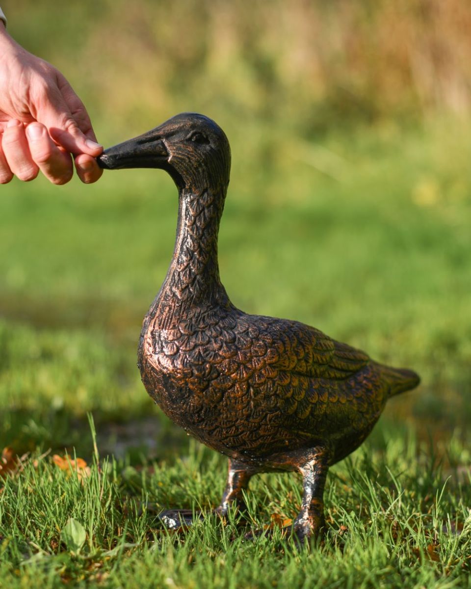 Scale image of bronze standing duck sculpture