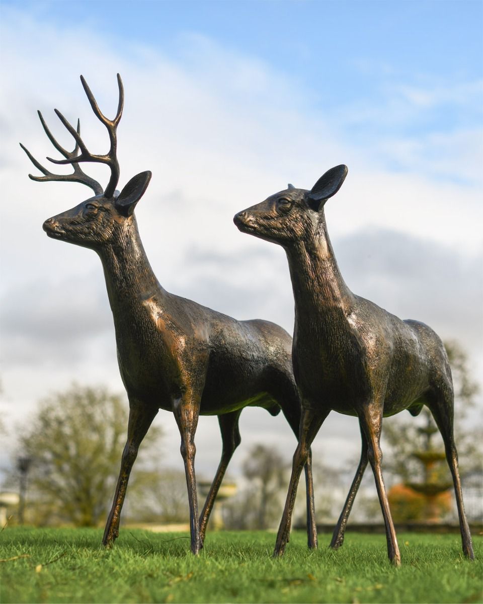 Set of Two - Cast Aluminium "Shadow" and "Spirit" Brushed Bronze Buck and Doe Garden Sculpture Set 