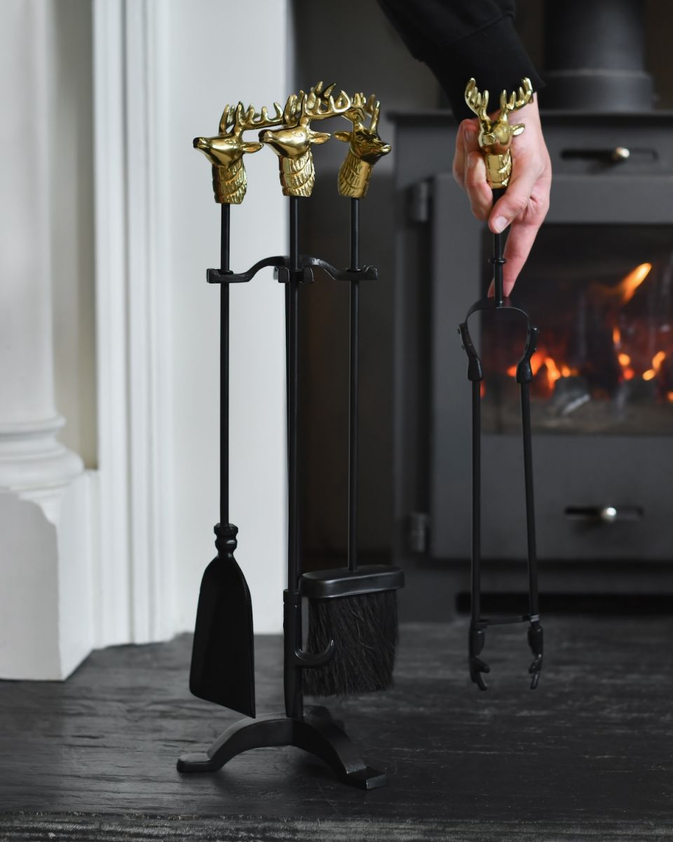 Scale image of stag head fireside companion set Scale image of stag head fireside companion set