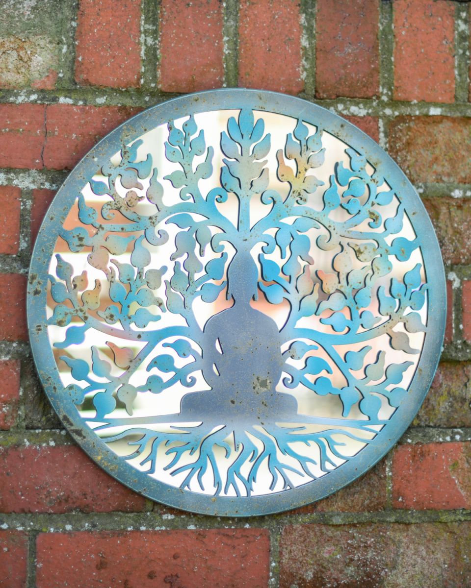 Buddha and the tree of life mirrored garden wall art