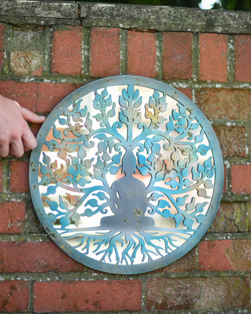 Buddha and the tree of life mirrored garden wall art scale
