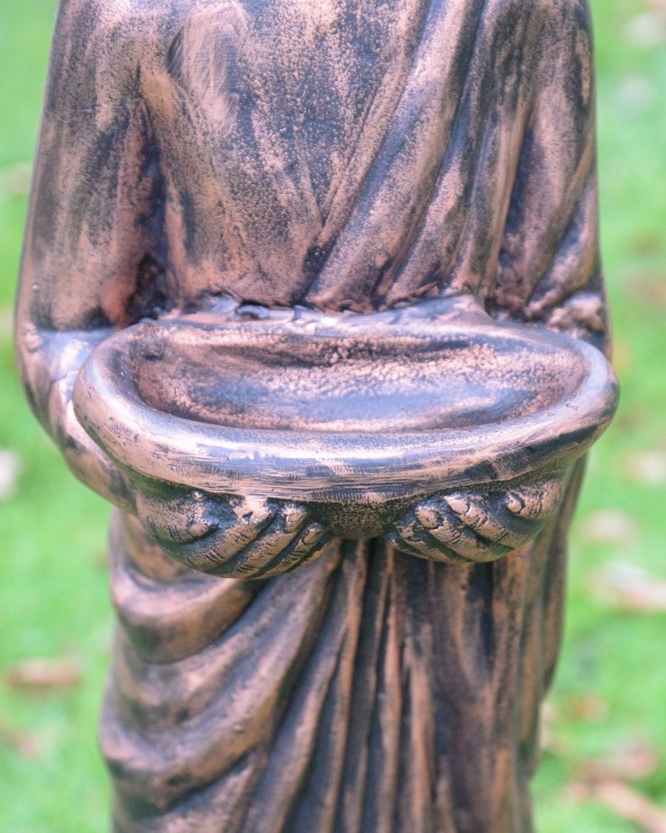 "Shanti" the Standing Buddha Cast Aluminium Garden Sculpture close up of offering bowl