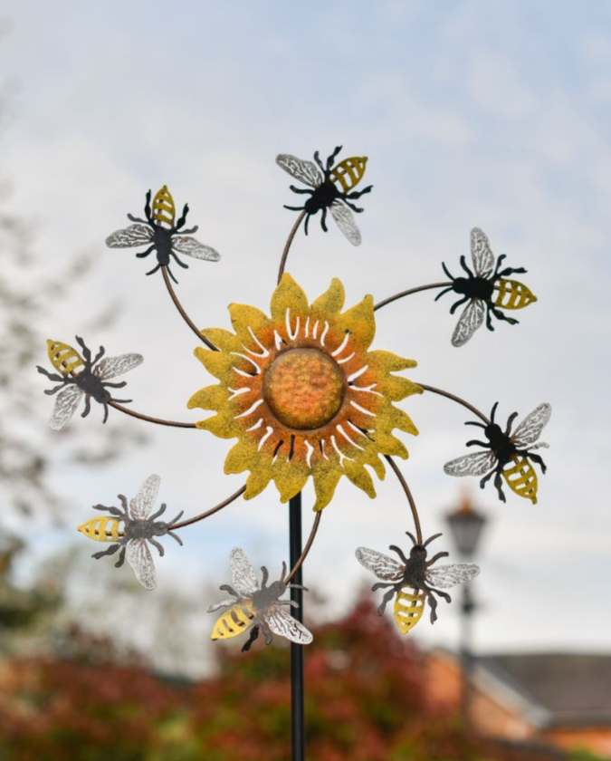 Bumble Bee and Sunflower Garden Spinner Spike Close Up