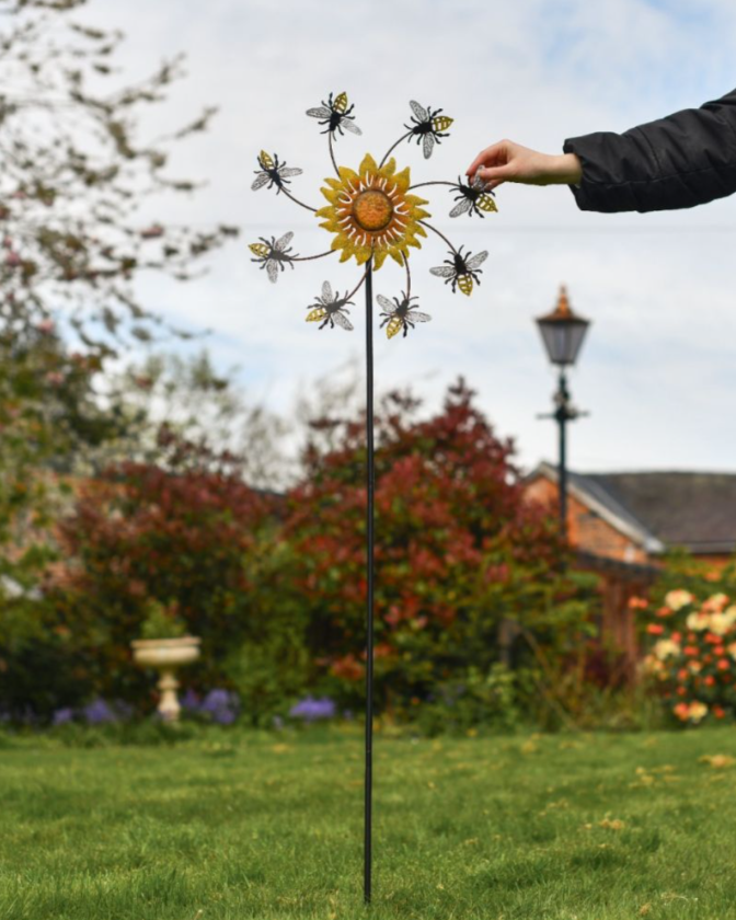 Bumble Bee and Sunflower Garden Spinner Spike with Hand for Scale