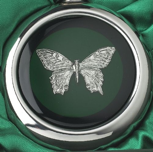 Close-up of the Butterfly Design on the Whiskey Flask