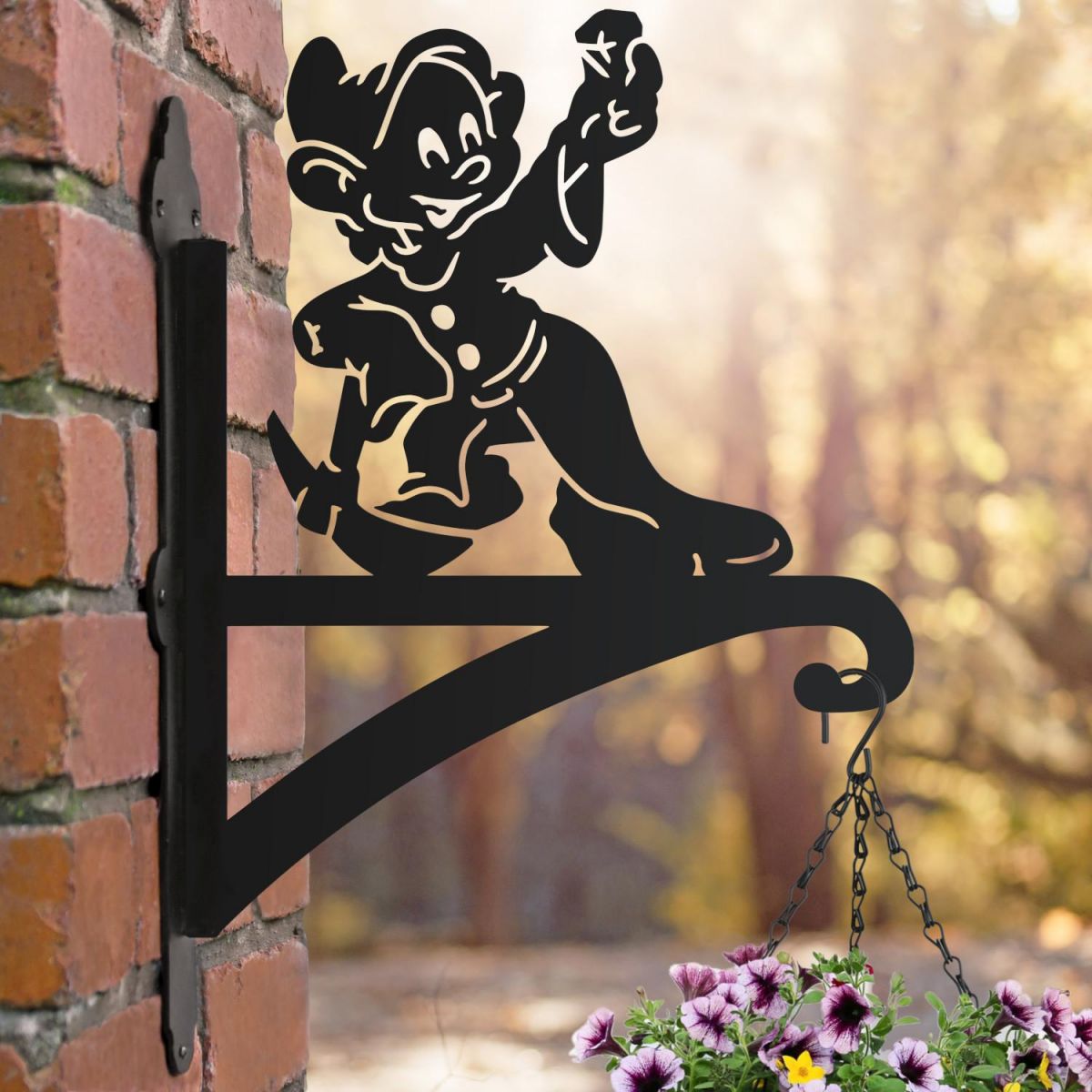 Cartoon Hanging Basket Bracket with "Diamond Wielding" Dwarf Topper Cartoon Hanging Basket Bracket with "Diamond Wielding" Dwarf Topper