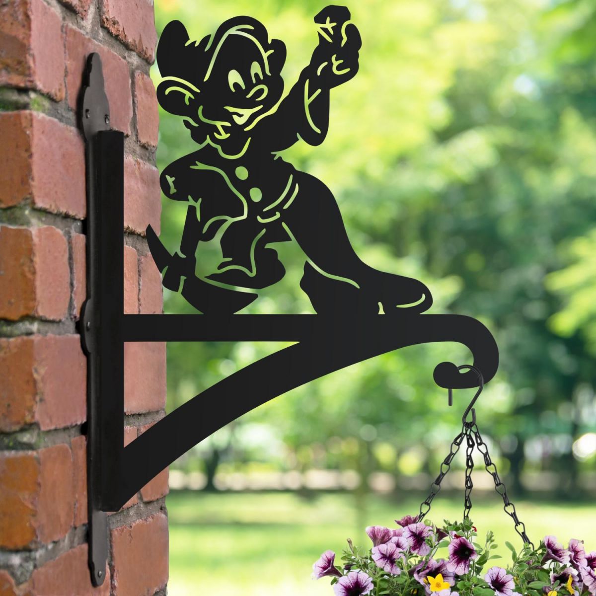 Cartoon "Diamond Wielding" Dwarf Hanging Basket Bracket in Situ Cartoon "Diamond Wielding" Dwarf Hanging Basket Bracket in Situ