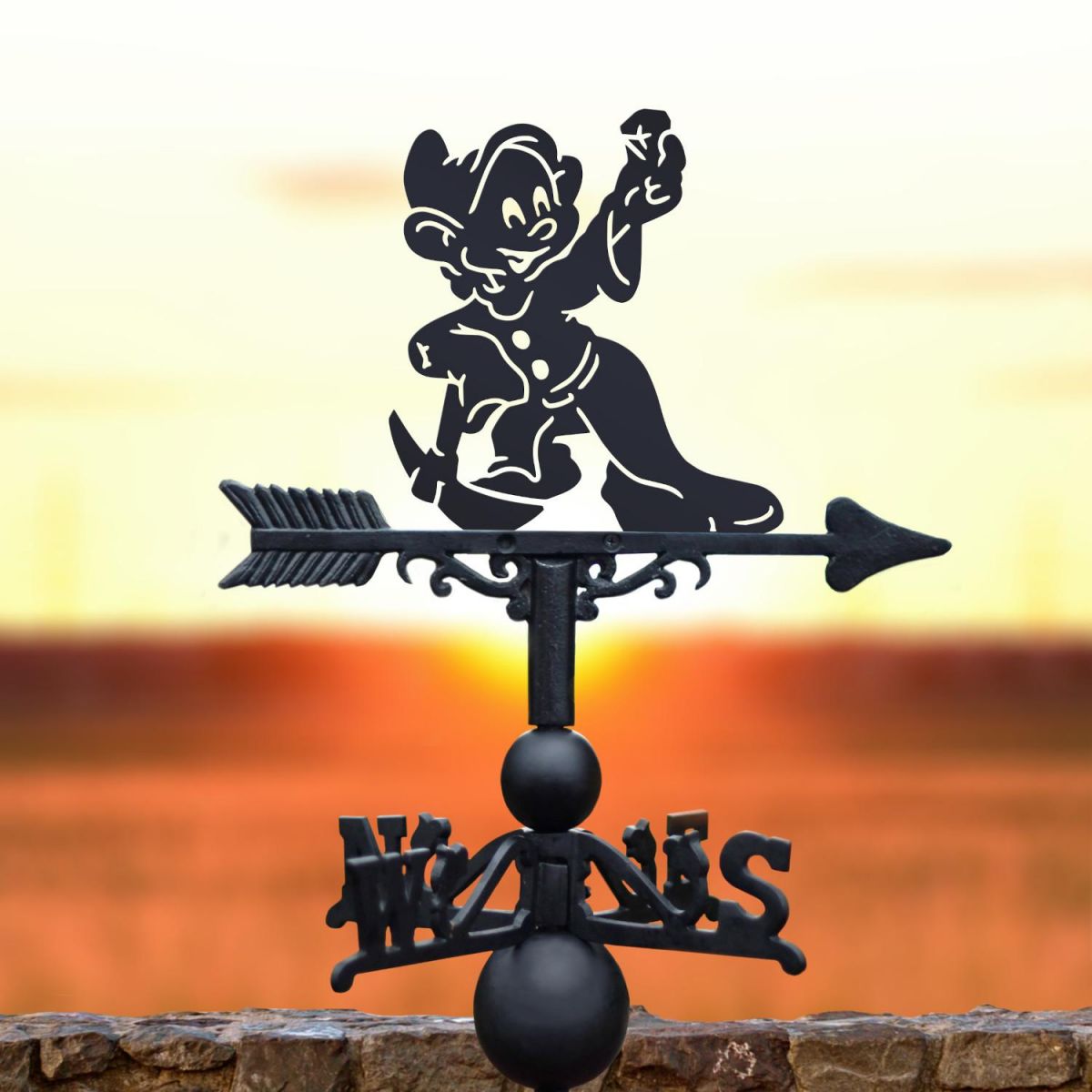 Cartoon "Diamond Wielding" Dwarf Weathervane in Situ
