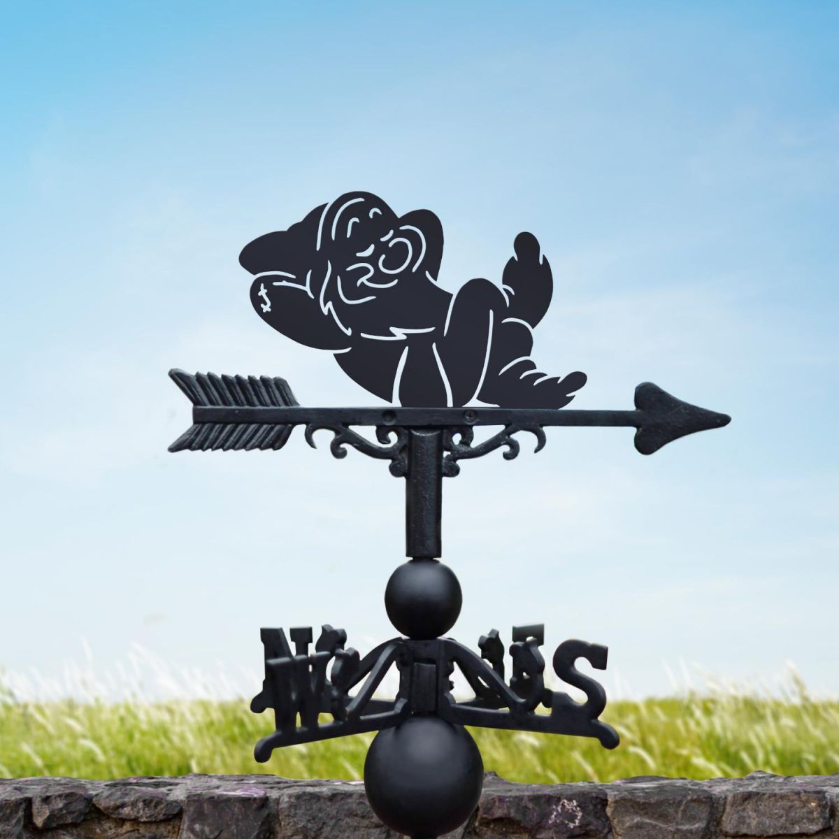 Cartoon "Sleeping" Dwarf Weathervane in Situ