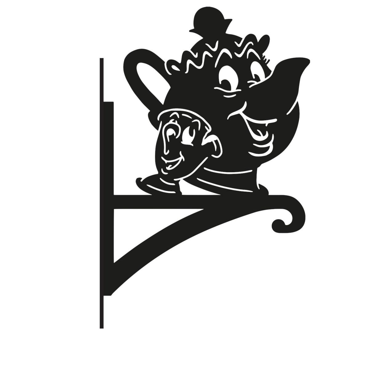 Cartoon Tea Pot & Cup Hanging Basket Bracket on White Background