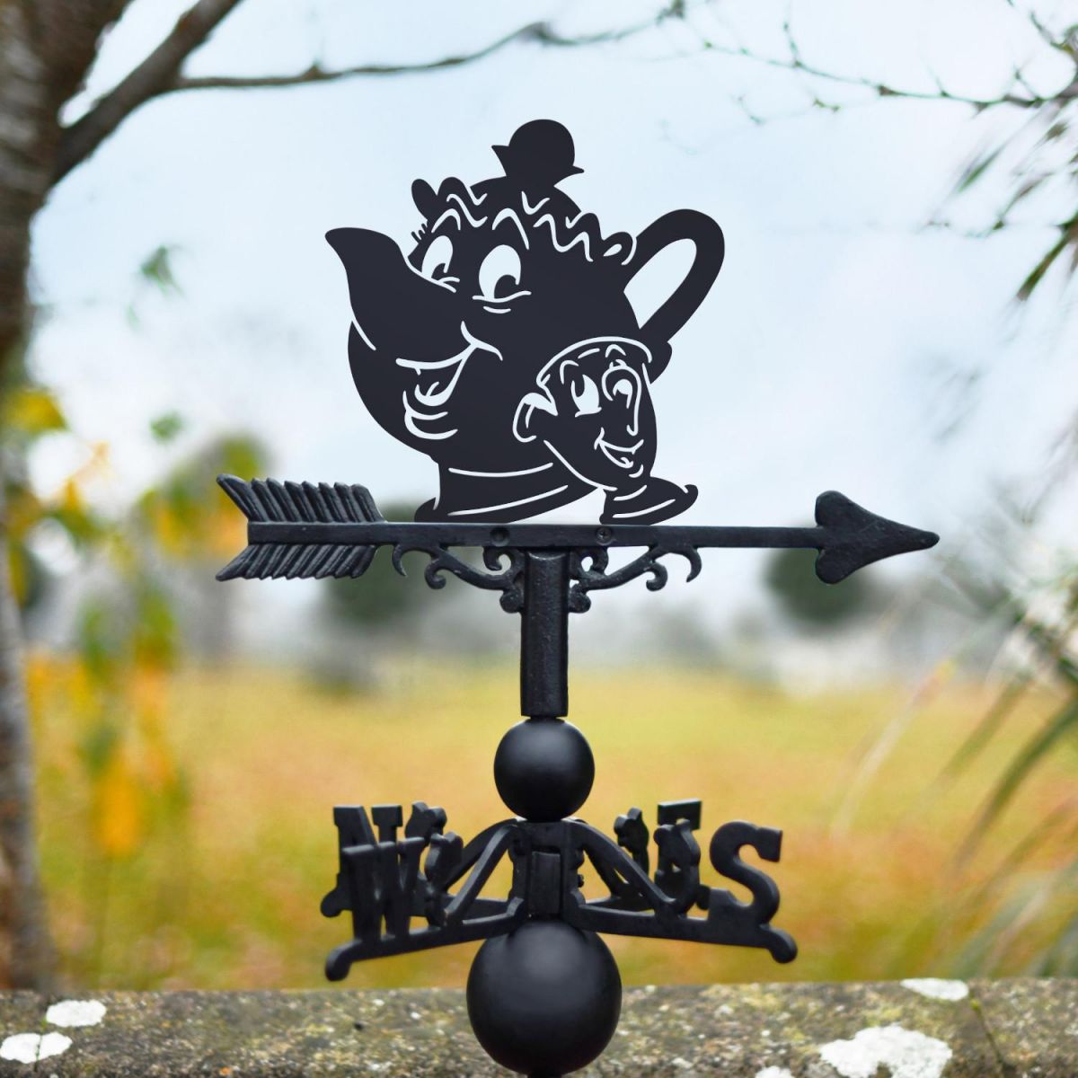 Cast Iron & Steel Weathervane with Cartoon Tea Pot & Cup Topper