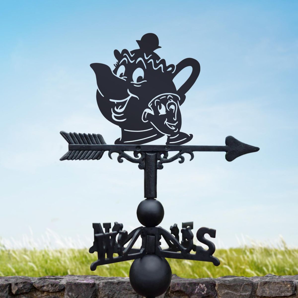 Cast Iron & Steel Weathervane with Cartoon Tea Pot & Cup Motif