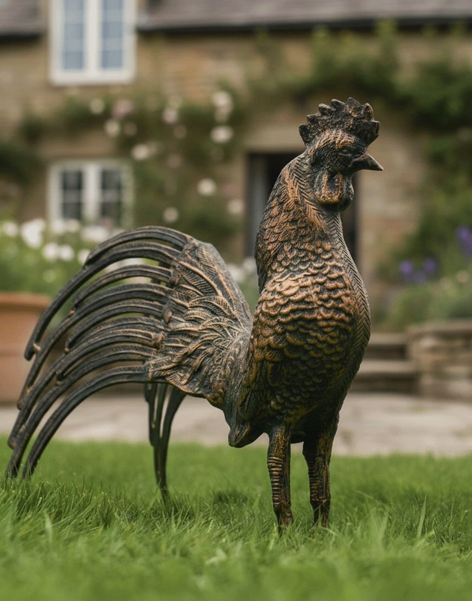 Casper Rooster Cast Aluminium Garden Sculpture in Brushed Bronze Digital Illustration