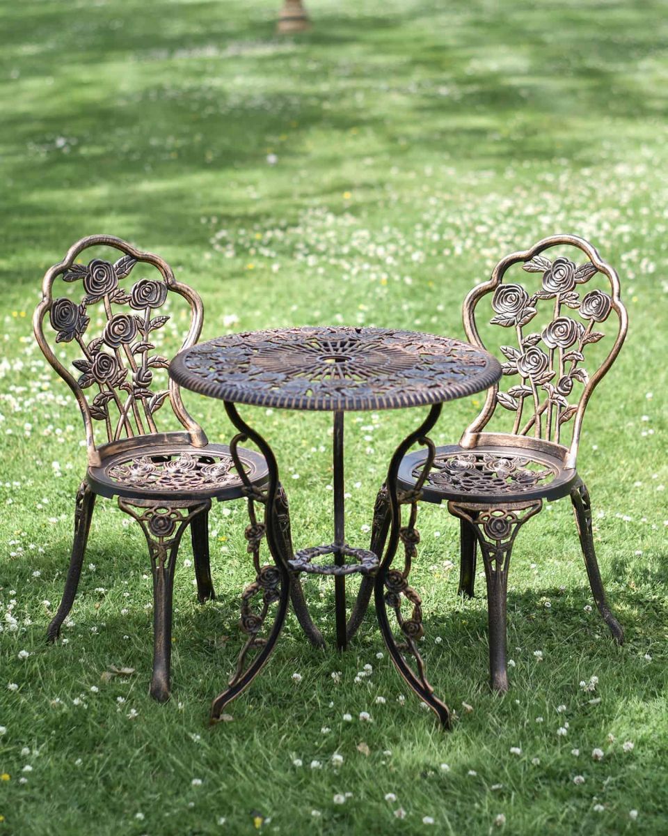 Cast Aluminium "Blossom" Bronze Two Seater Bistro Set in Situ