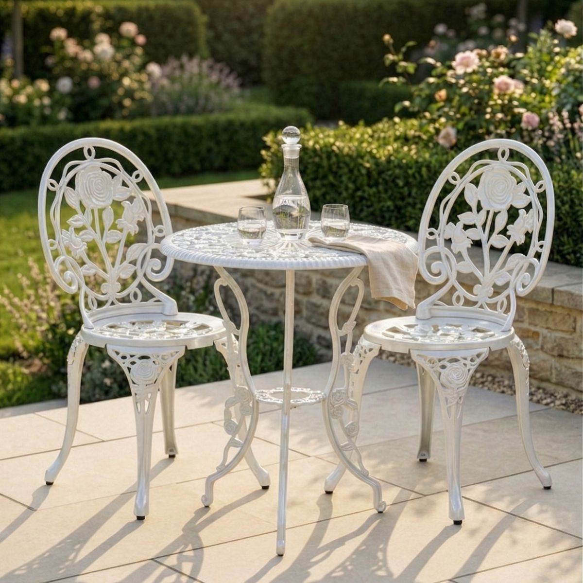Cast Aluminium "Bouquet" White Two Seater Bistro Set digital illustration dressed table