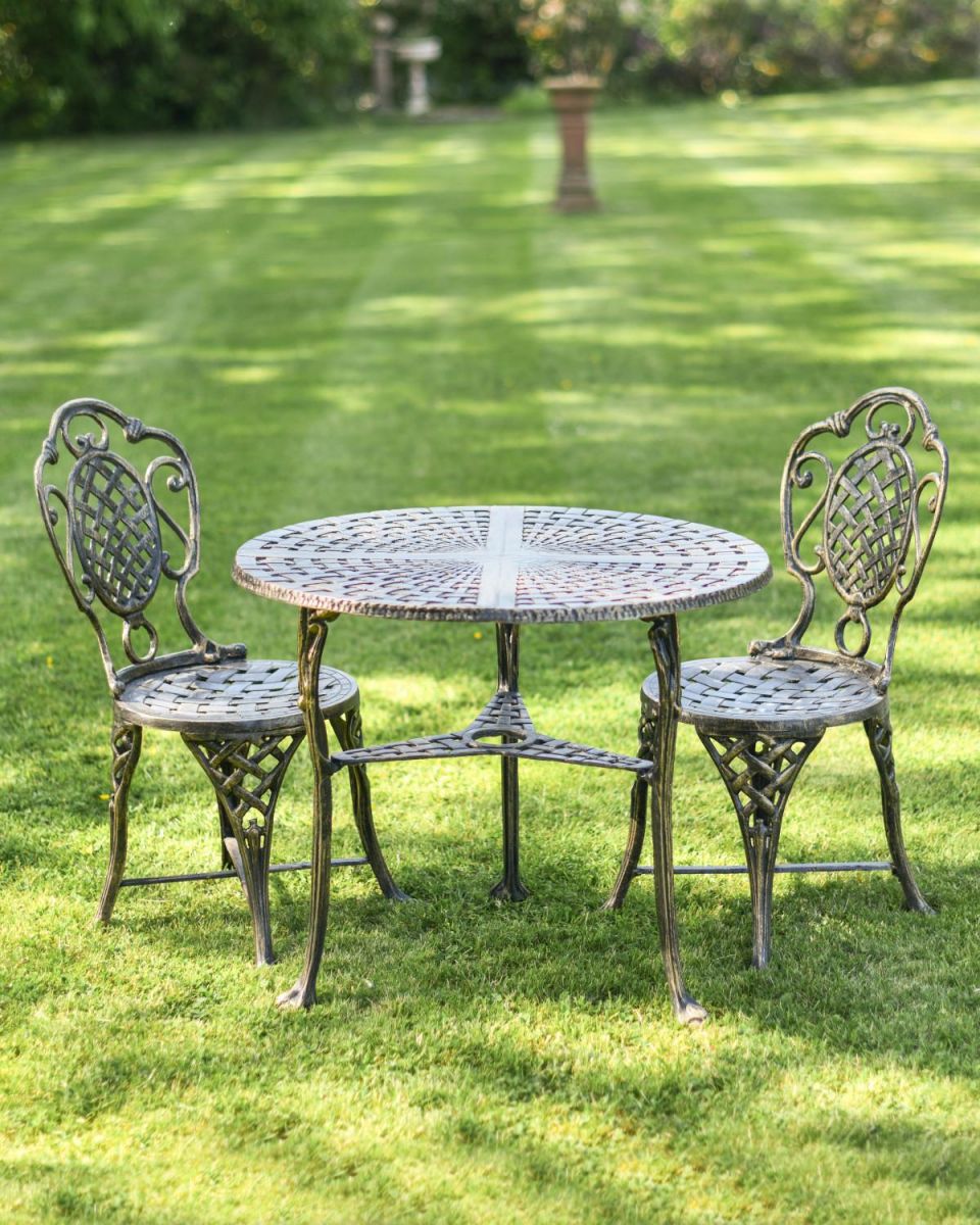 Cast Aluminium "Athena" Two Seater Outdoor Bistro Set in Situ Cast Aluminium "Athena" Two Seater Outdoor Bistro Set in Situ