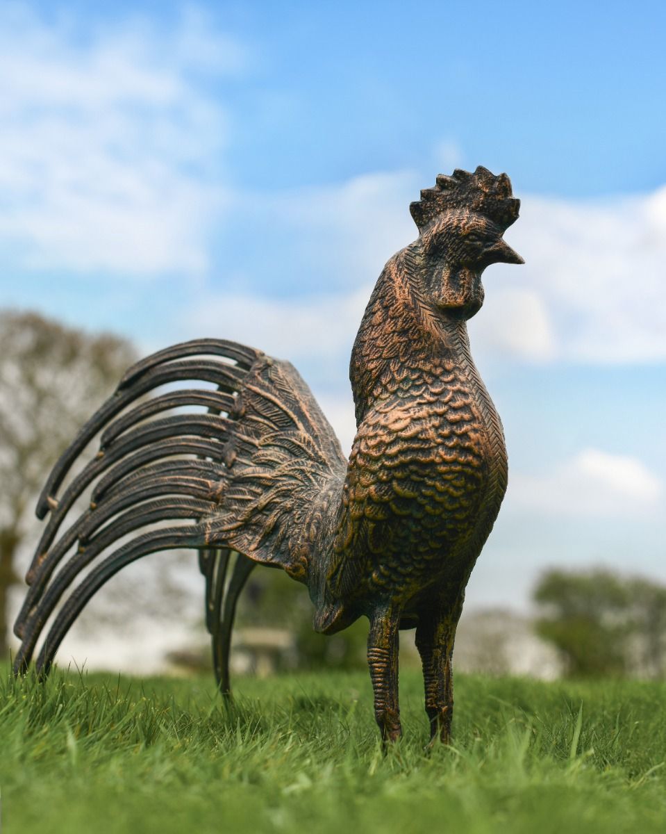 Cast Aluminium "Casper" Rooster Garden Sculpture in Brushed Bronze
