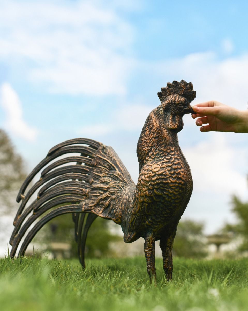 Cast Aluminium "Casper" Rooster Garden Sculpture in Brushed Bronze
