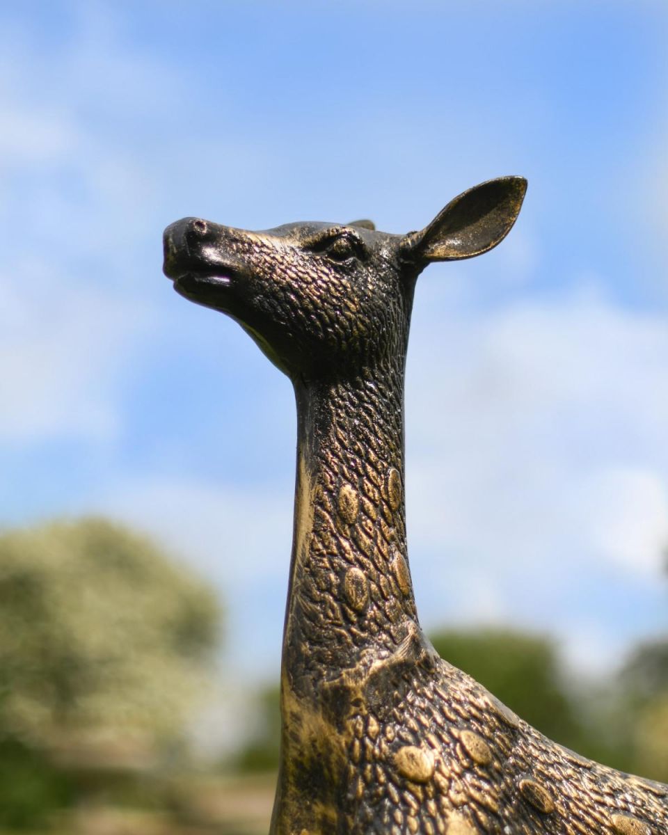 Close-Up of Cast Aluminium "Chiral" Freestanding Spotted Doe Garden Sculpture
