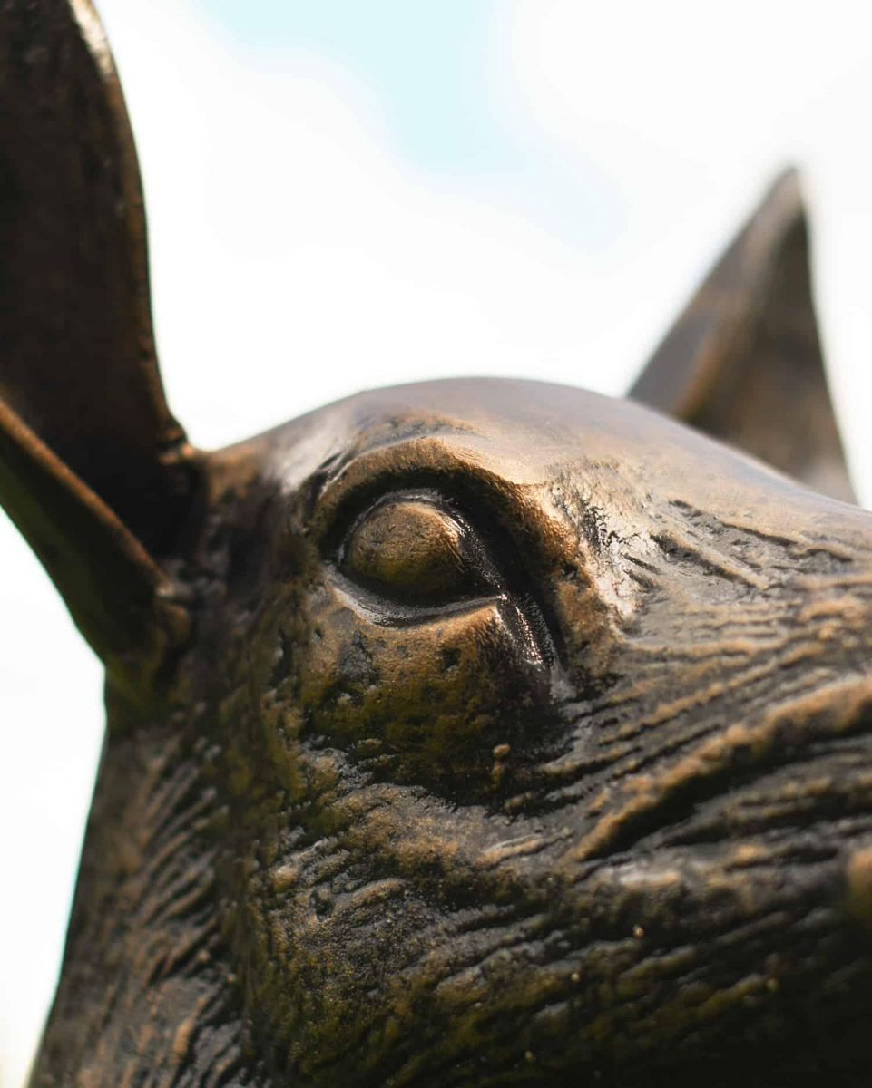 Standing Doe sculpture Left facing eye and fur detailing close up image