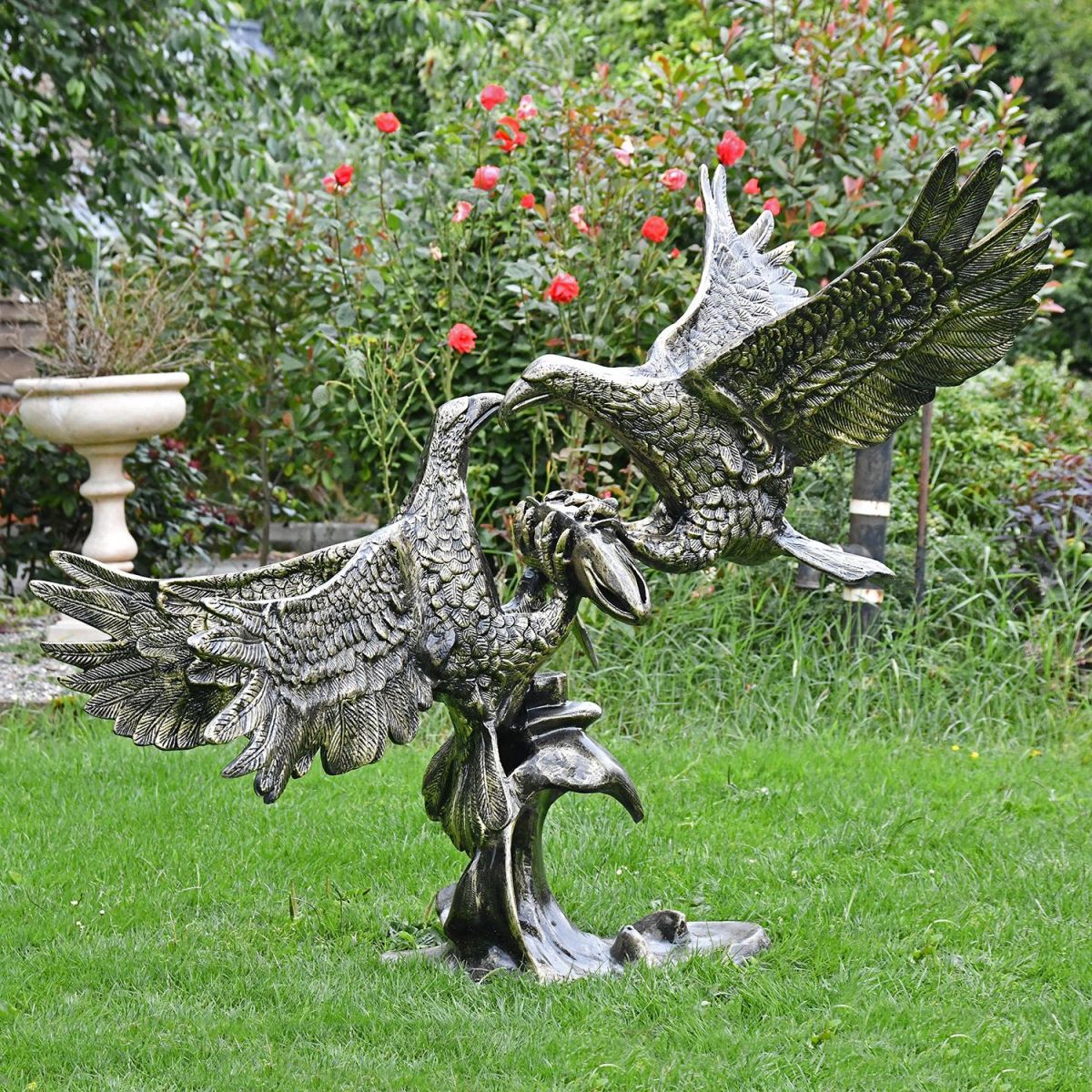 Cast Aluminium Eagles Fighting Sculpture in Situ in the Garden Cast Aluminium Eagles Fighting Sculpture in Situ in the Garden