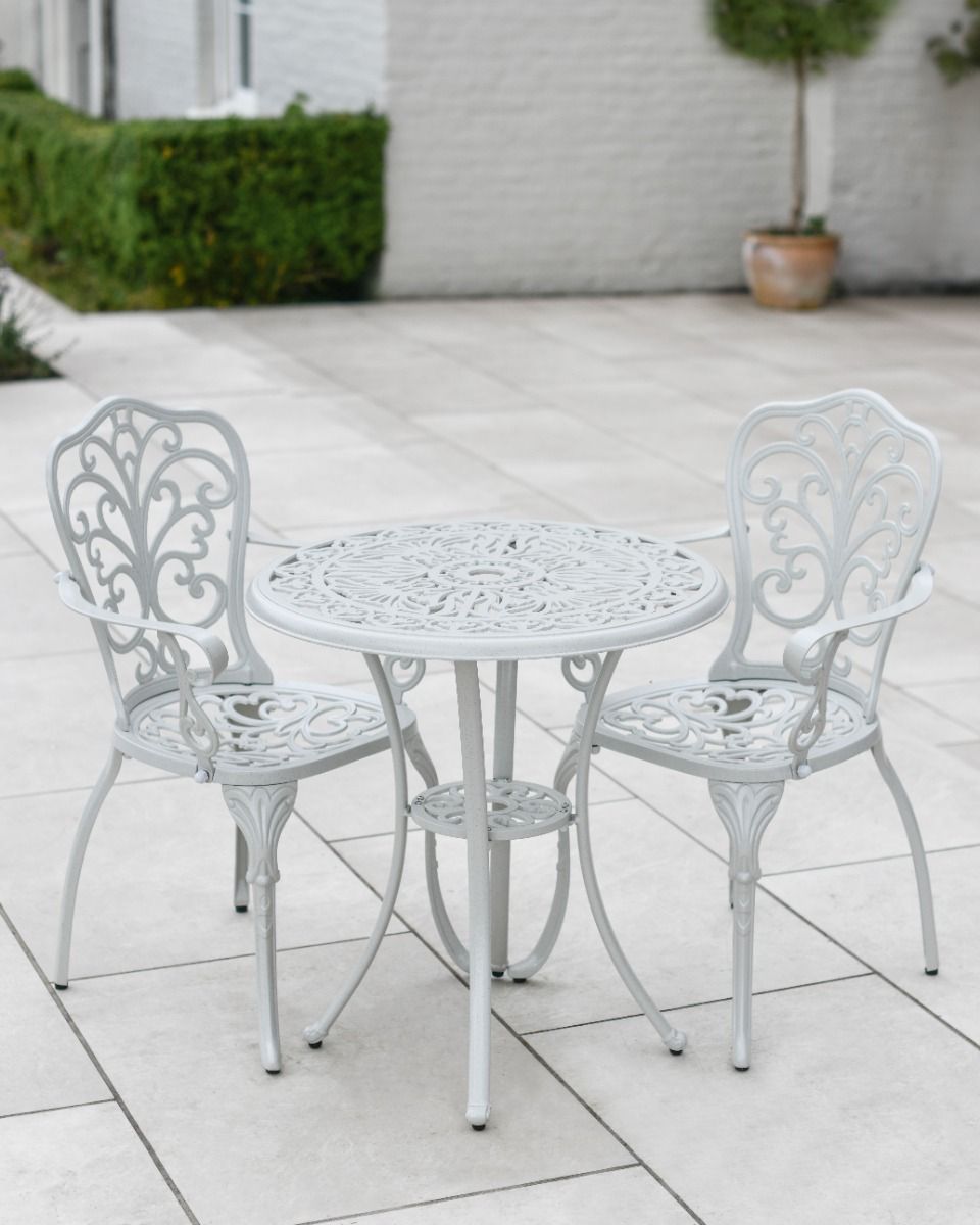 Cast Aluminium "Elstow" White Two Seater Bistro Set Wide Shot