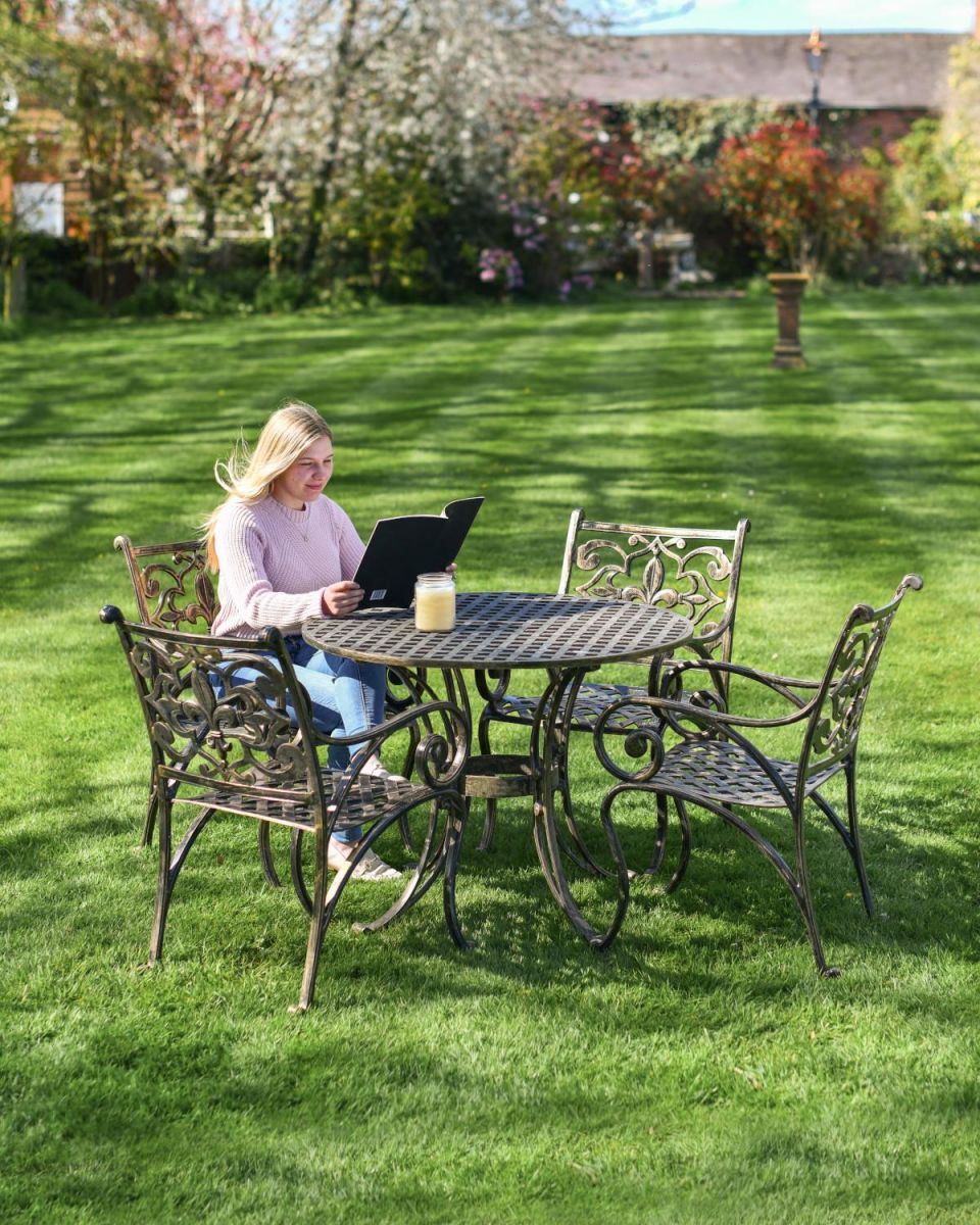 Scale Shot of Cast Aluminium "Flourish" Fleur-de-Lys Four Seater Table & Chair Set