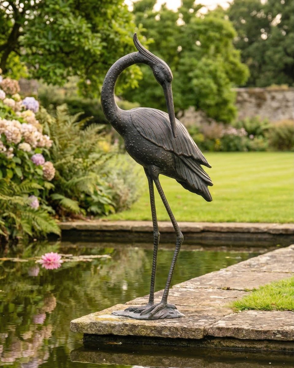 Cast Aluminium Freestanding "Titan" Heron Garden Sculpture - Head Down ai illustration