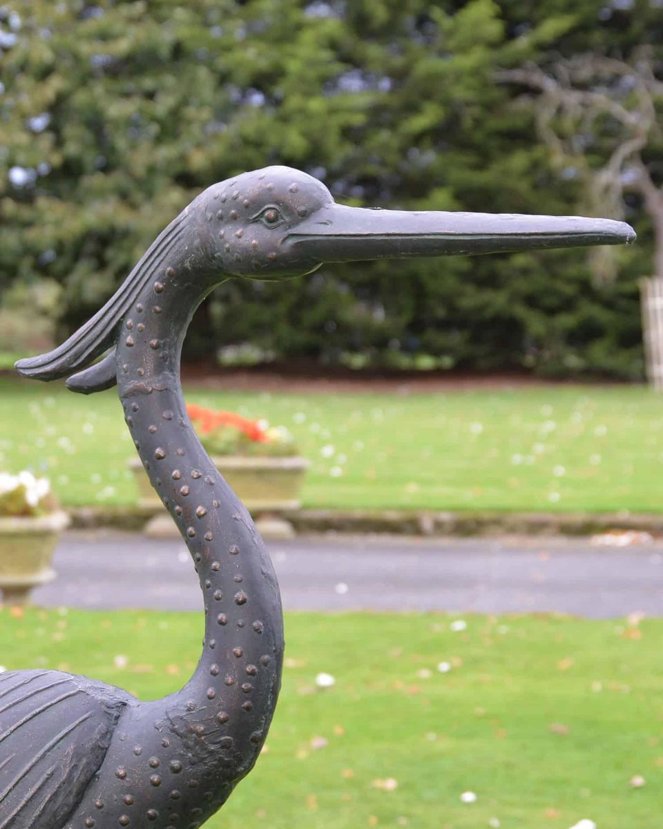 Close-Up of Cast Aluminium Freestanding "Titan" Heron Garden Sculpture - Head Up