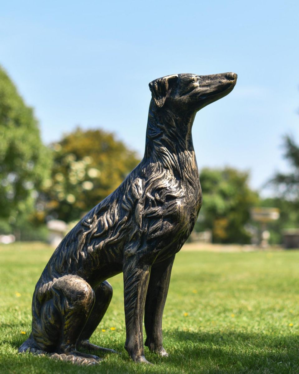 Cast Aluminium "Good Boy" Sitting Dog Garden Sculpture in Situ Cast Aluminium "Good Boy" Sitting Dog Garden Sculpture in Situ