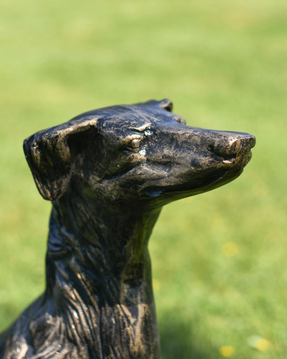 Close-Up of Facial Features of Cast Aluminium "Good Boy" Sitting Dog Garden Sculpture Close-Up of Facial Features of Cast Aluminium "Good Boy" Sitting Dog Garden Sculpture