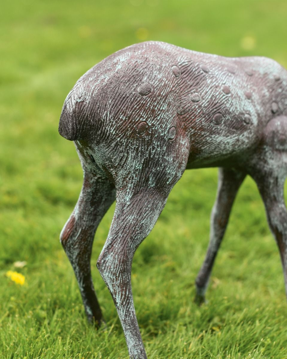 Cast Aluminium "Grazing" Doe Garden Sculpture in Verdigris Spotted Detailing