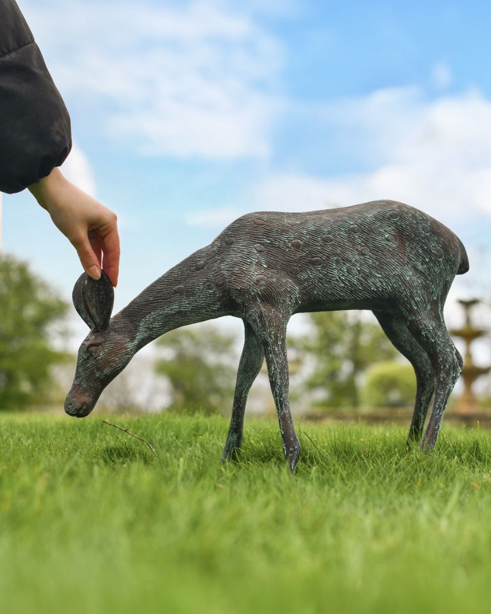 Cast Aluminium "Grazing" Doe Garden Sculpture in Verdigris Hand for Scale