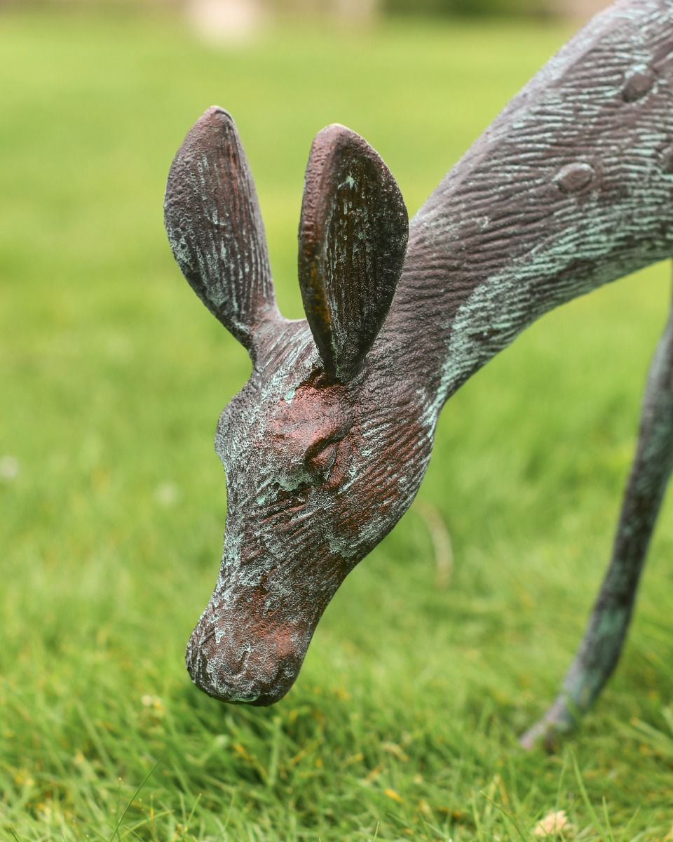 Cast Aluminium "Grazing" Doe Garden Sculpture in Verdigris Grazing Detail