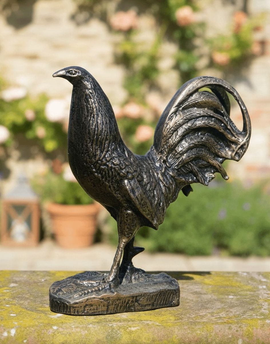 Cast Aluminium Mini Bronze Rooster Garden Sculpture Digital Illustration