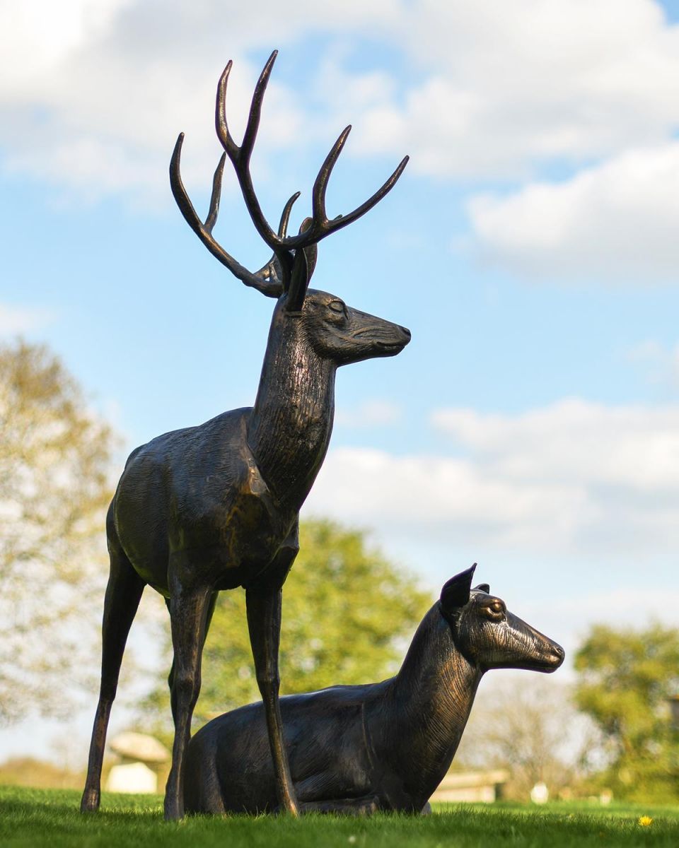 Cast Aluminium Standing Stag and Sitting Doe Sculptures in Situ