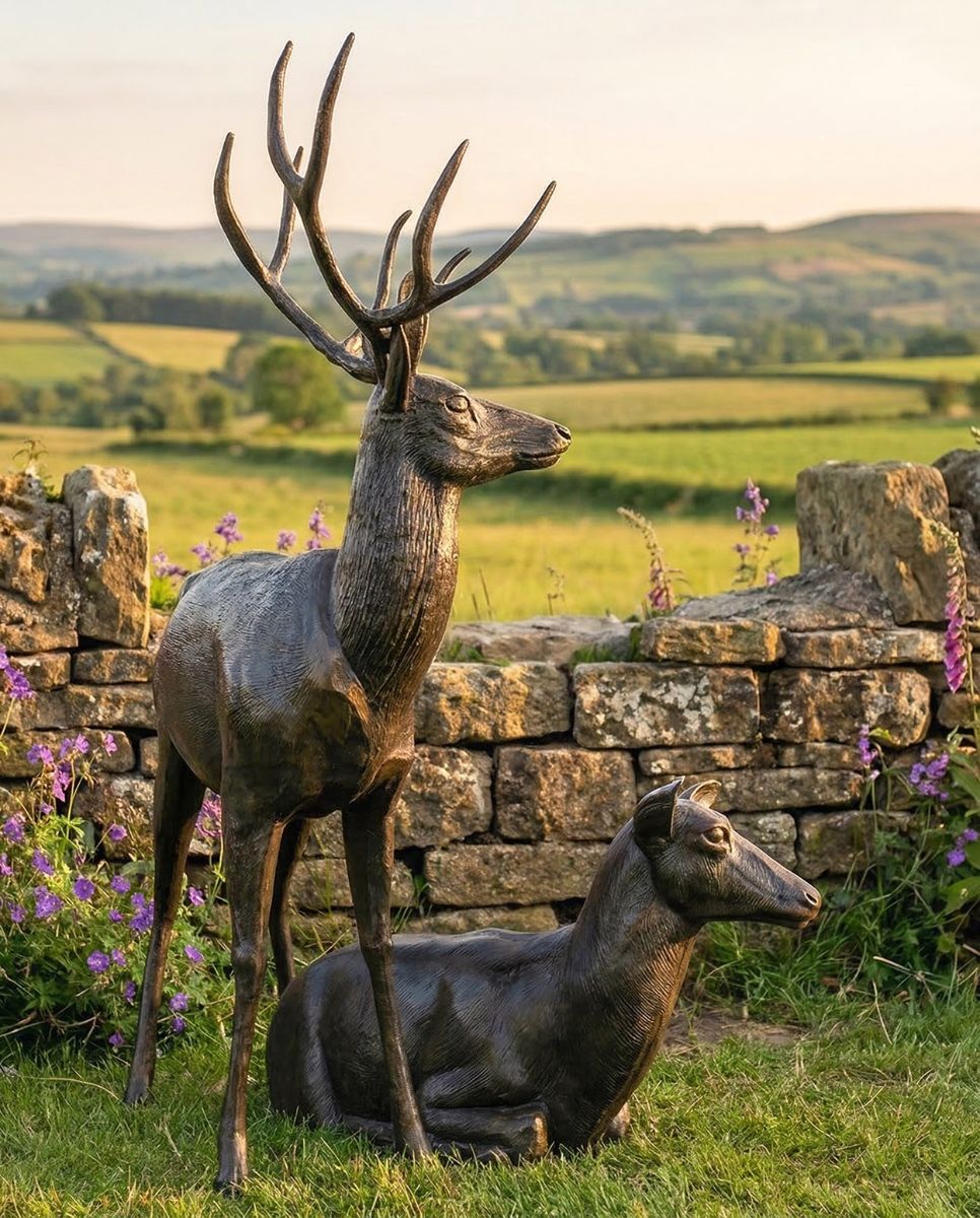 Cast Aluminium Standing Stag and Sitting Doe Sculptures digital illustration