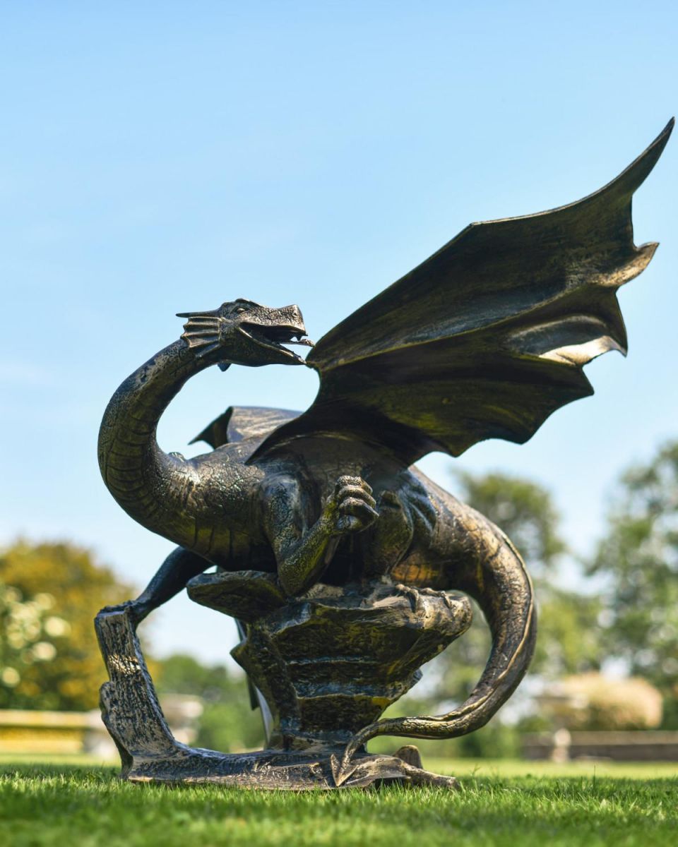 Cast Aluminium Viserion Dragon Garden Sculpture in Situ