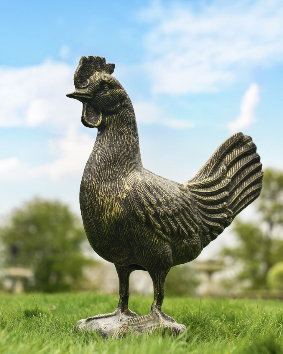 Cast Aluminum "Cooper" Rooster Garden Sculpture in Brushed Gold