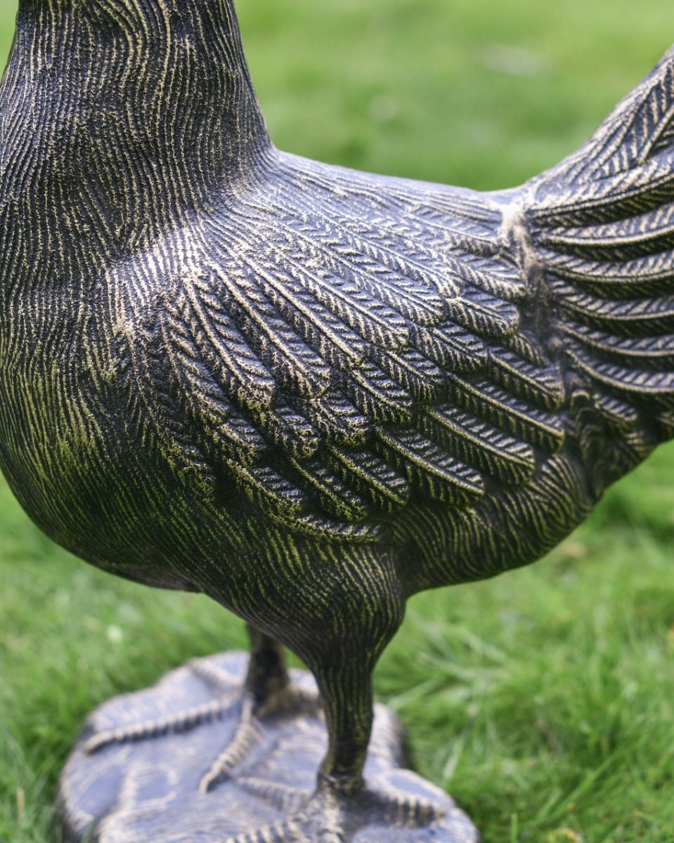 Cast Aluminum "Cooper" Rooster Garden Sculpture in Brushed Gold Feathers