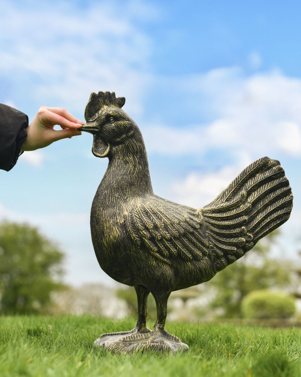 Cast Aluminum "Cooper" Rooster Garden Sculpture in Brushed Gold with Hand for Scale