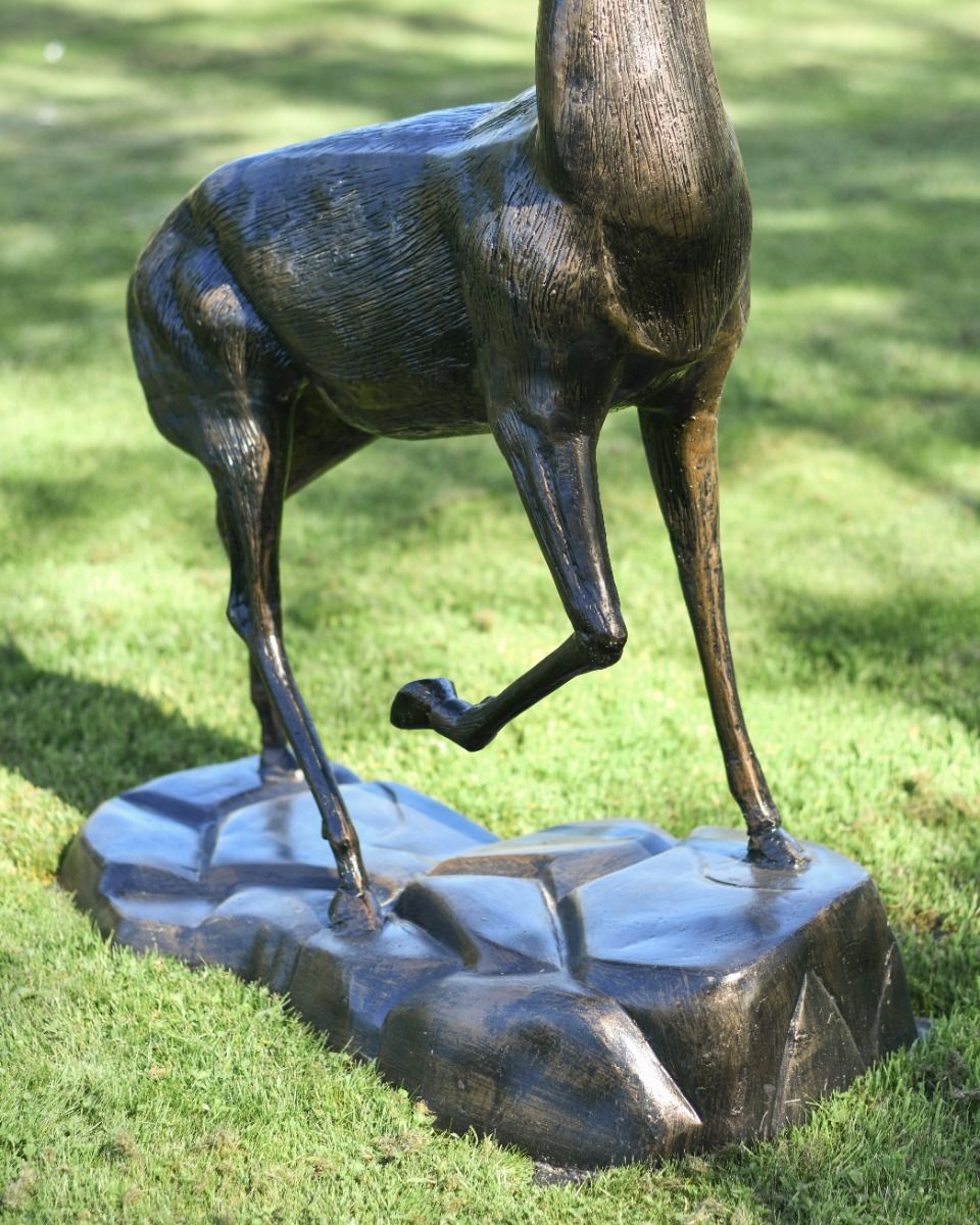 Cast Aluminum "Farnam" Stag on Rock Garden Sculpture Legs and Base