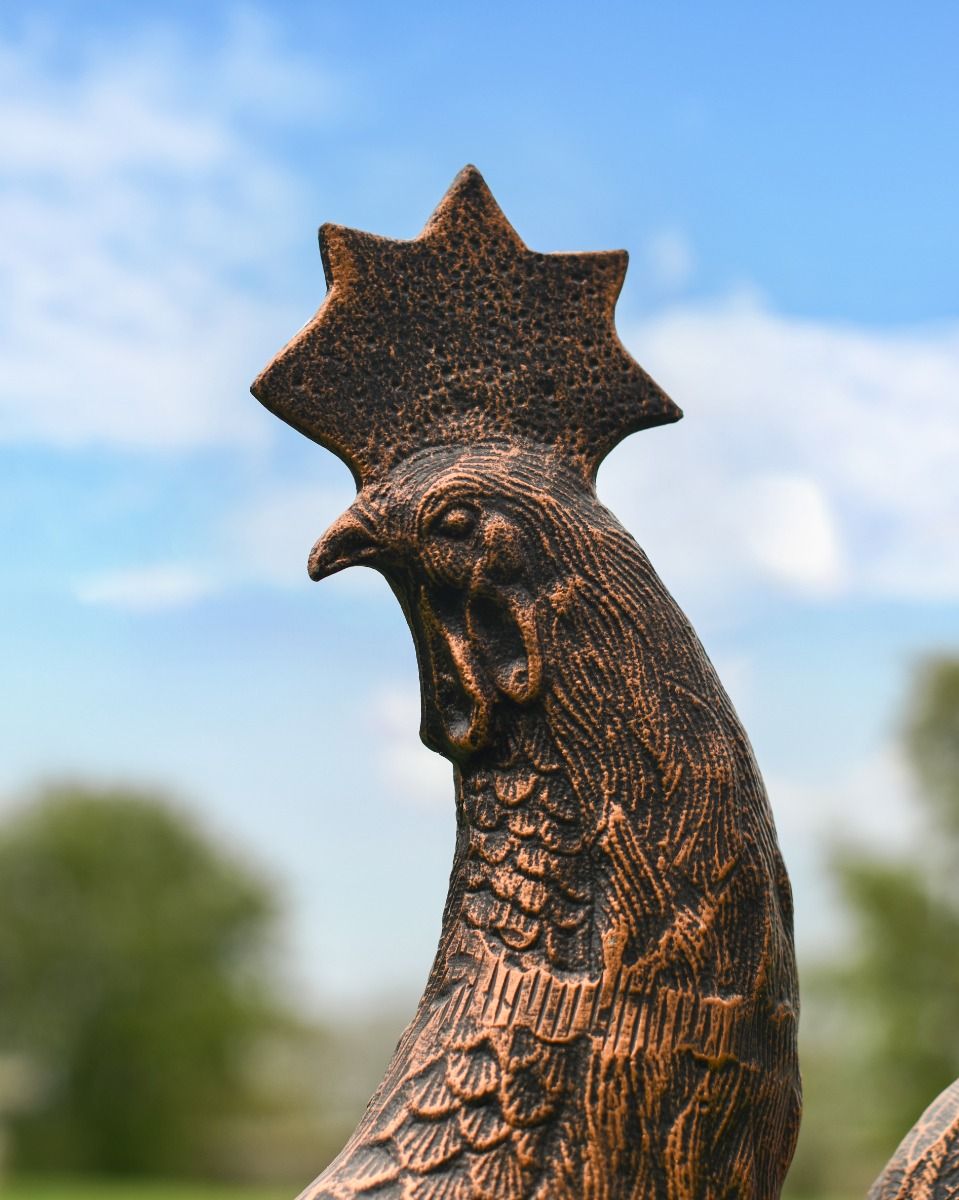 Cast Aluminum "Margary" Chicken Garden Sculpture in Copper Finish Face Side View