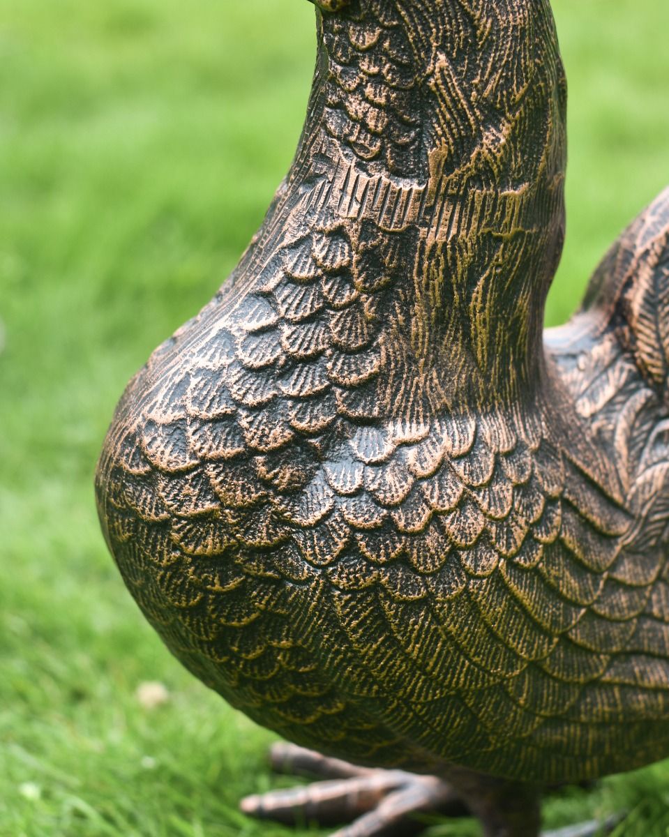 Cast Aluminum "Margary" Chicken Garden Sculpture in Copper Finish Featehrs Close Up